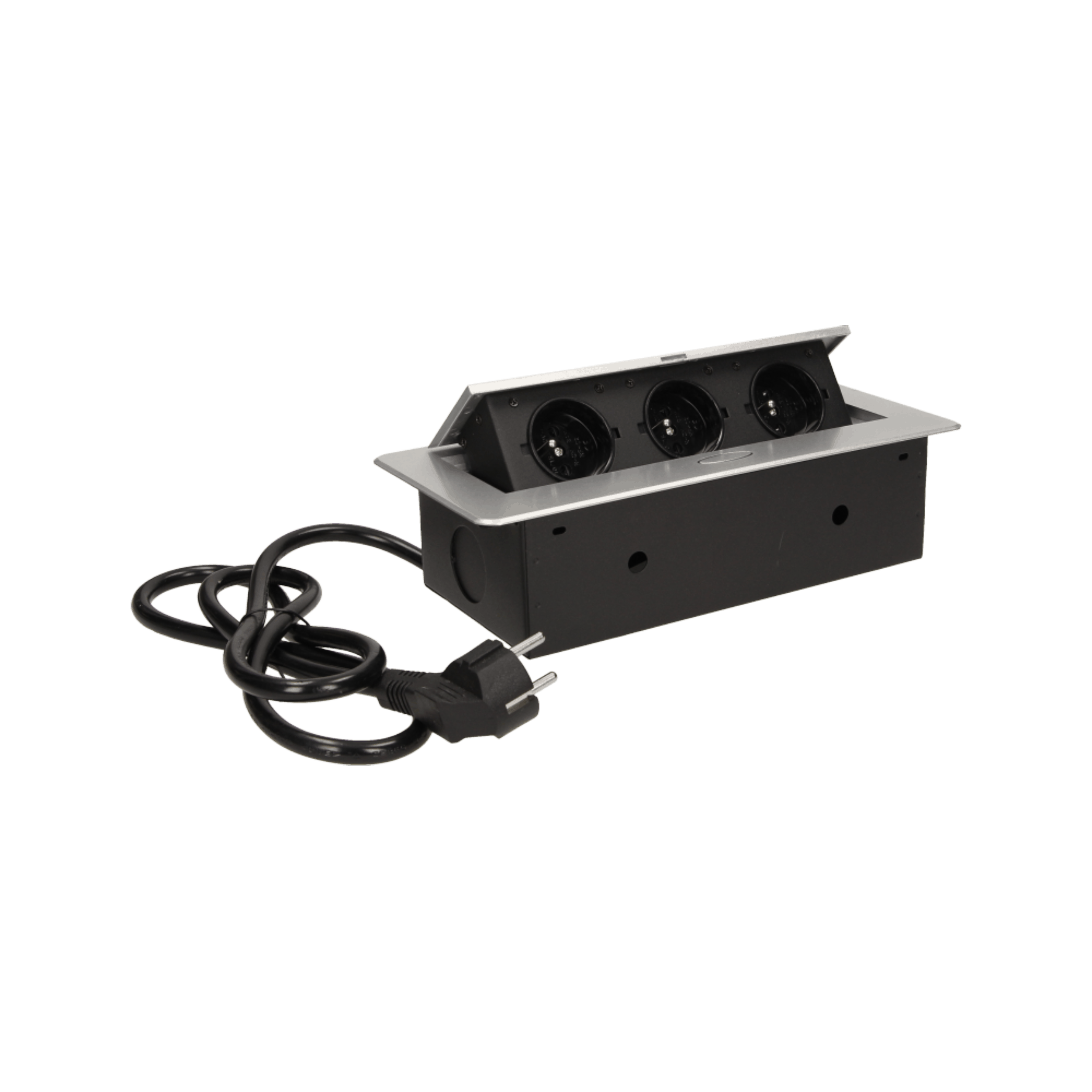 strieborna vyklopna zasuvka do nabytku 3x16a s flexo káblom